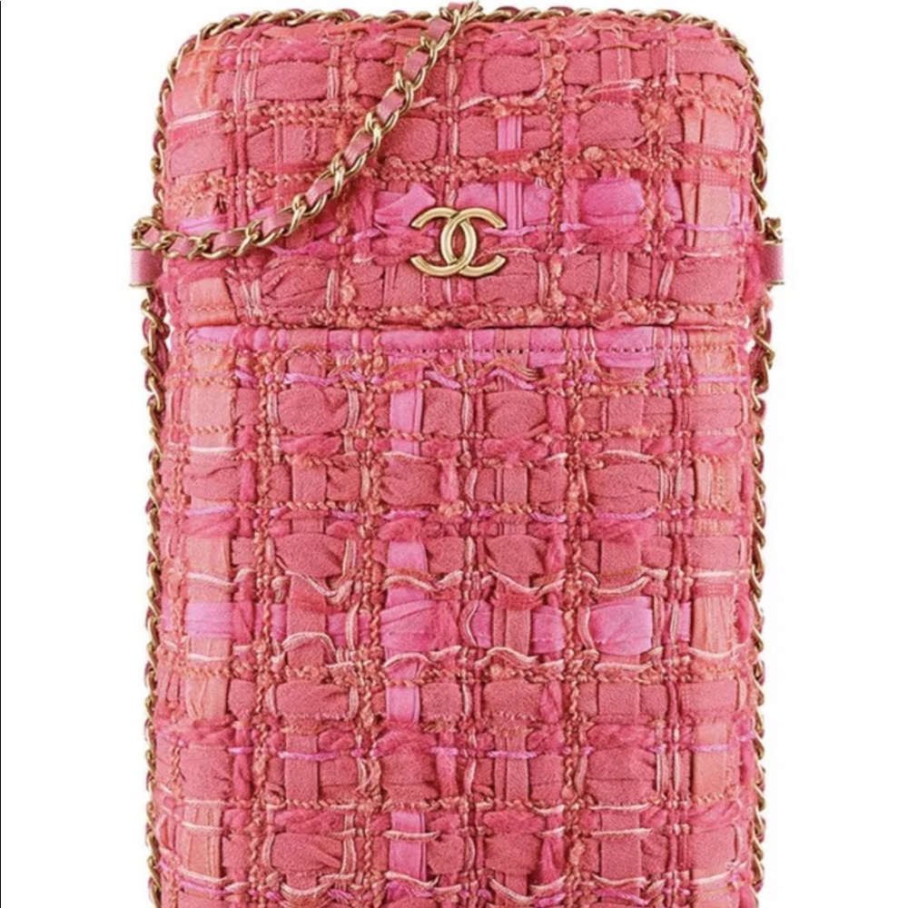 Auth Chanel tweed chain around phone holder purse pink cross body runway bag